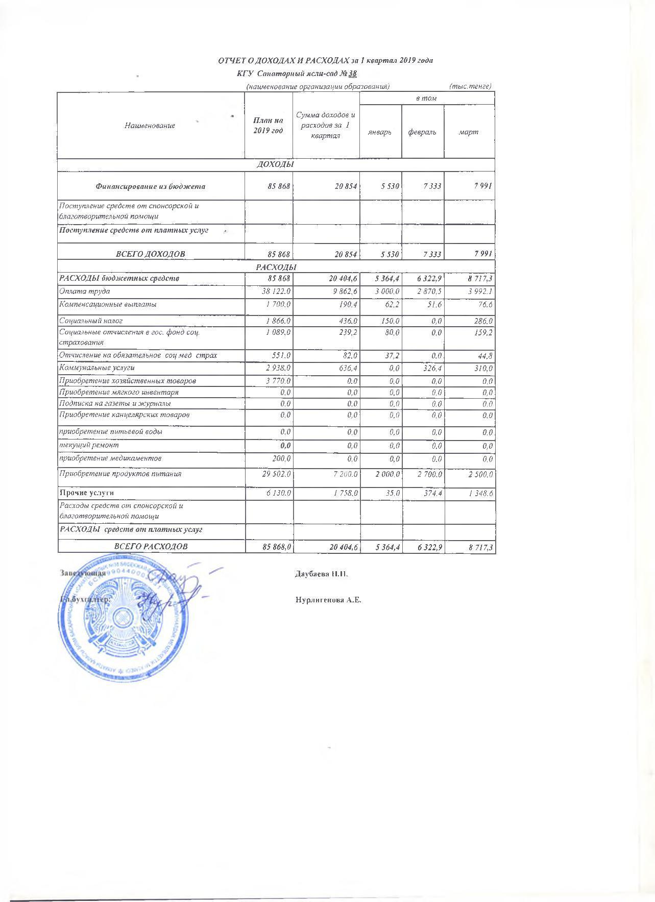 Отчет о доходах и расходах за 1 кв 2019